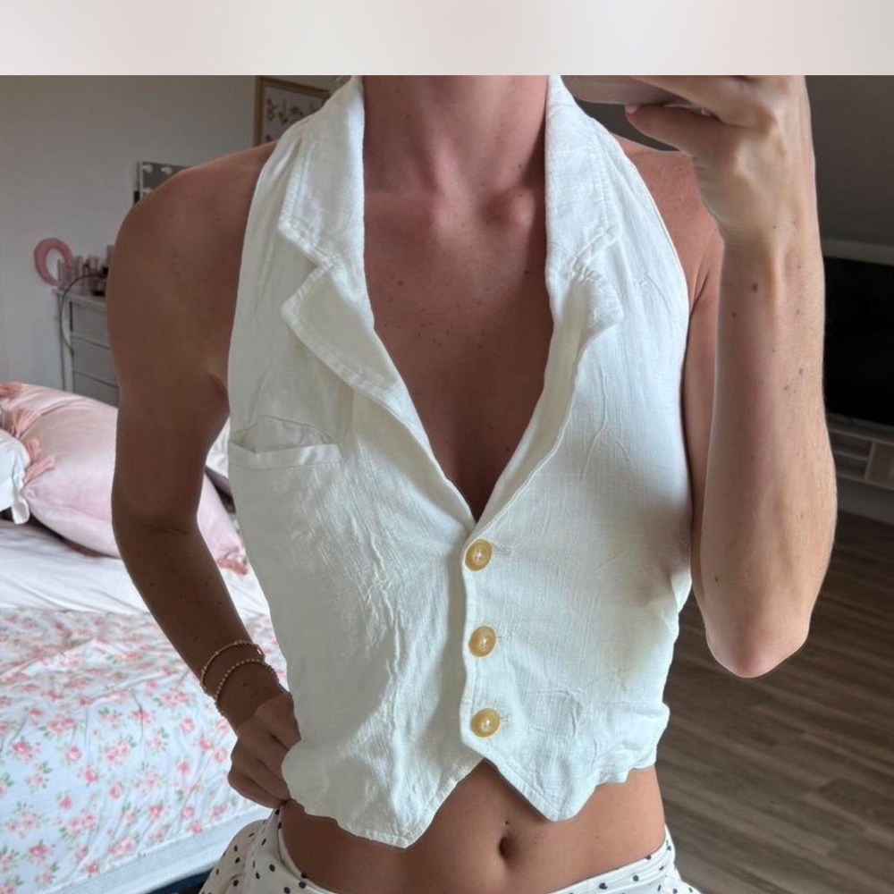 Free People White Linen-Look Halter Button Vest